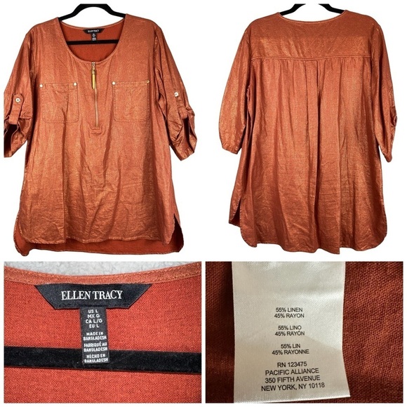 Ellen Tracy Top Womens Large Orange Metallic Linen Rayon Roll Tab Copper Tunic - Picture 6 of 11